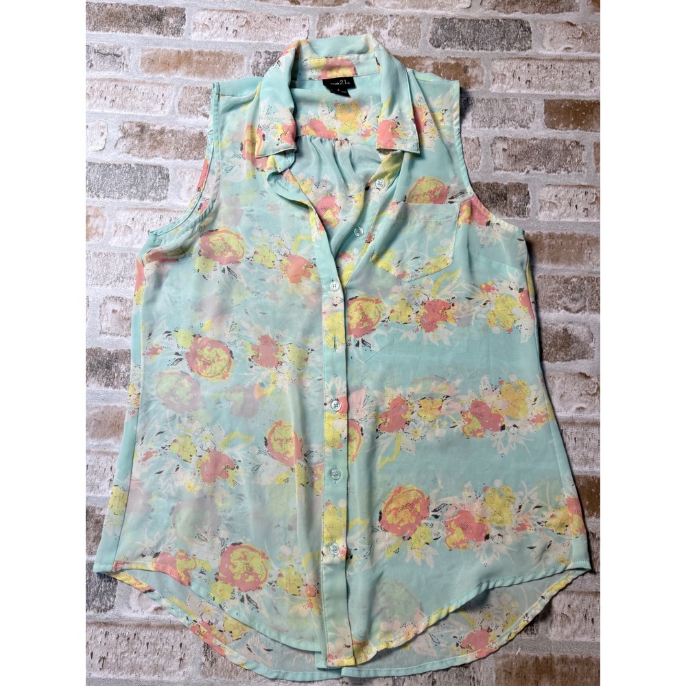 Rue21 Womens Mint Green Floral Sleeveless Button Up Blouse Top Small